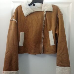 Tan Teddy Jacket with Cream Accents Size Large By SHEIN